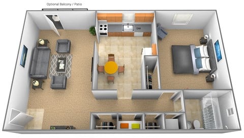 Floor plan for 1 bed, 1 bath, 732 sqft
